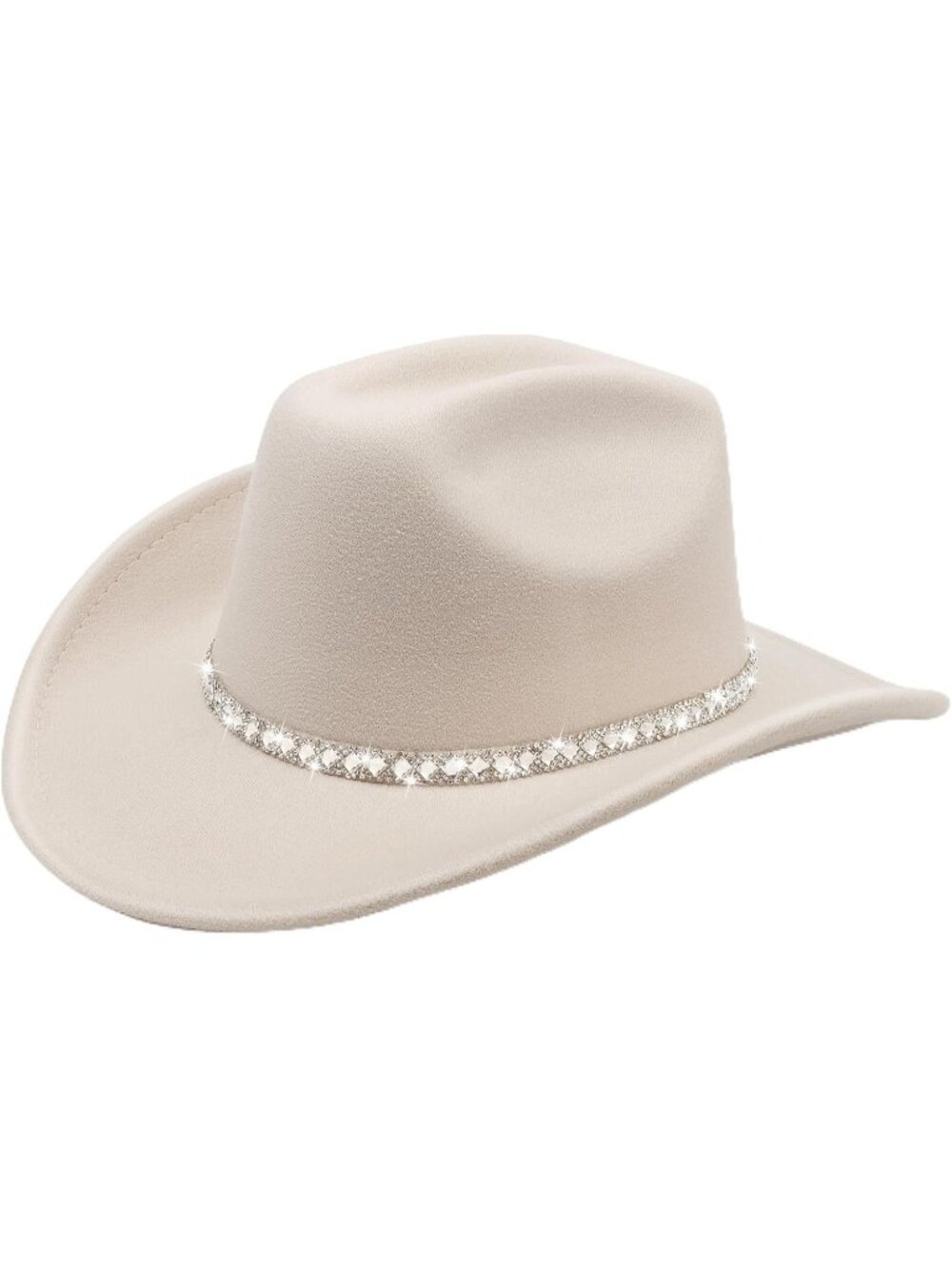 Unisex Off White Glitter Rhinestone Brim Felt Fedora Cowboy Cowgirl Western Hat